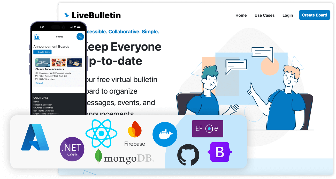 LiveBulletin showing using azure, react, mongo, and other frameworks