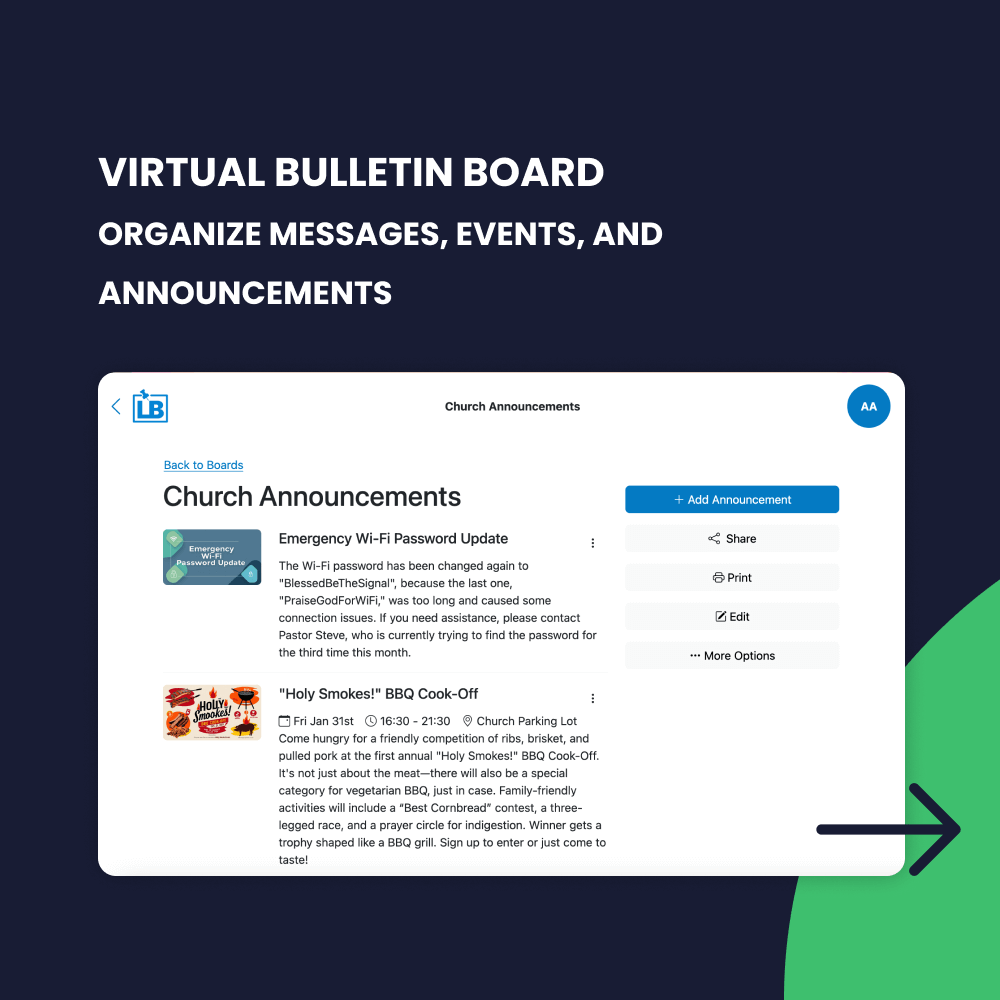 virtual bulletin board to organize messages, events, and announcements